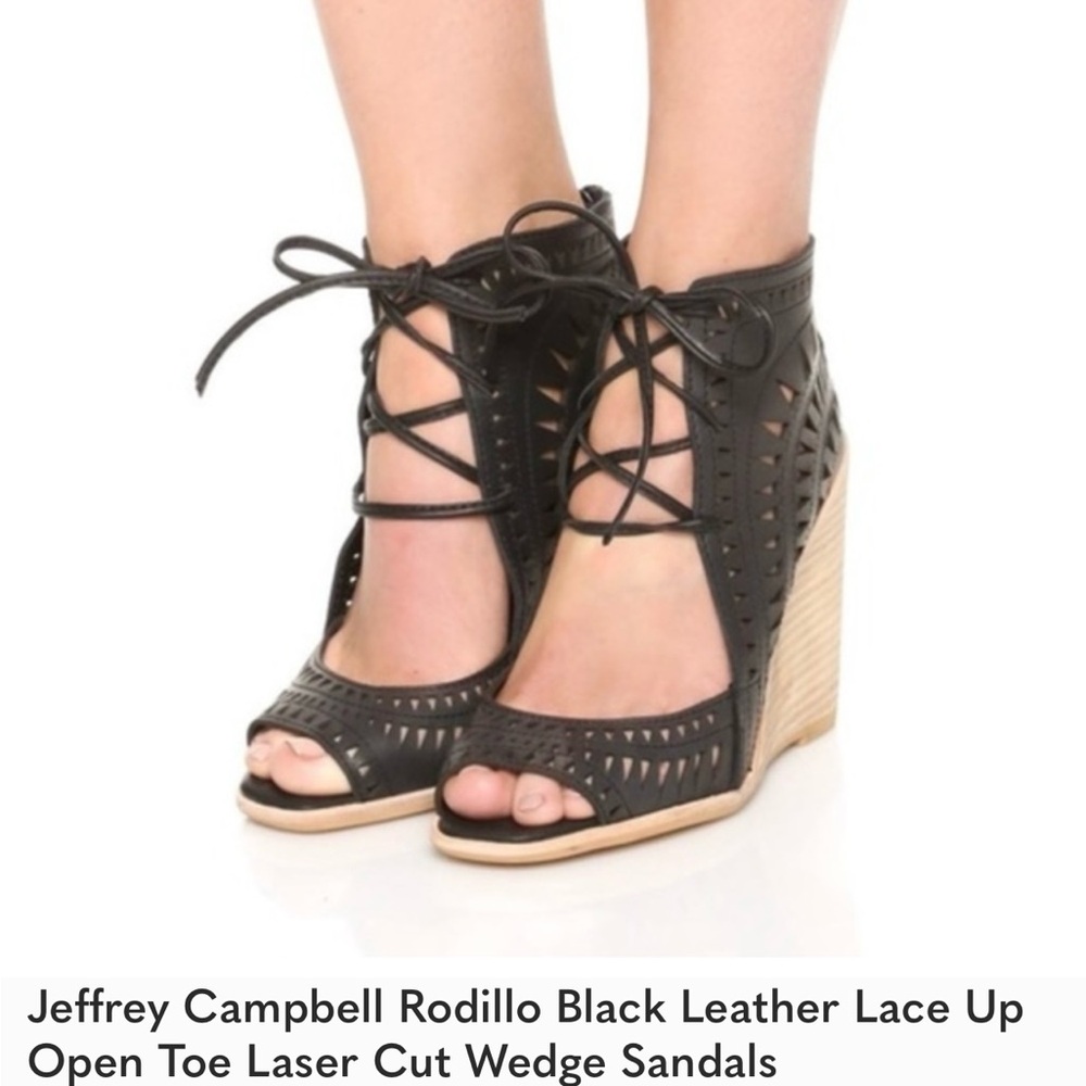 Jeffrey Campbell Rodillo Black Leather Lace Up Open Toe Laser Cut Wedge Sandals
